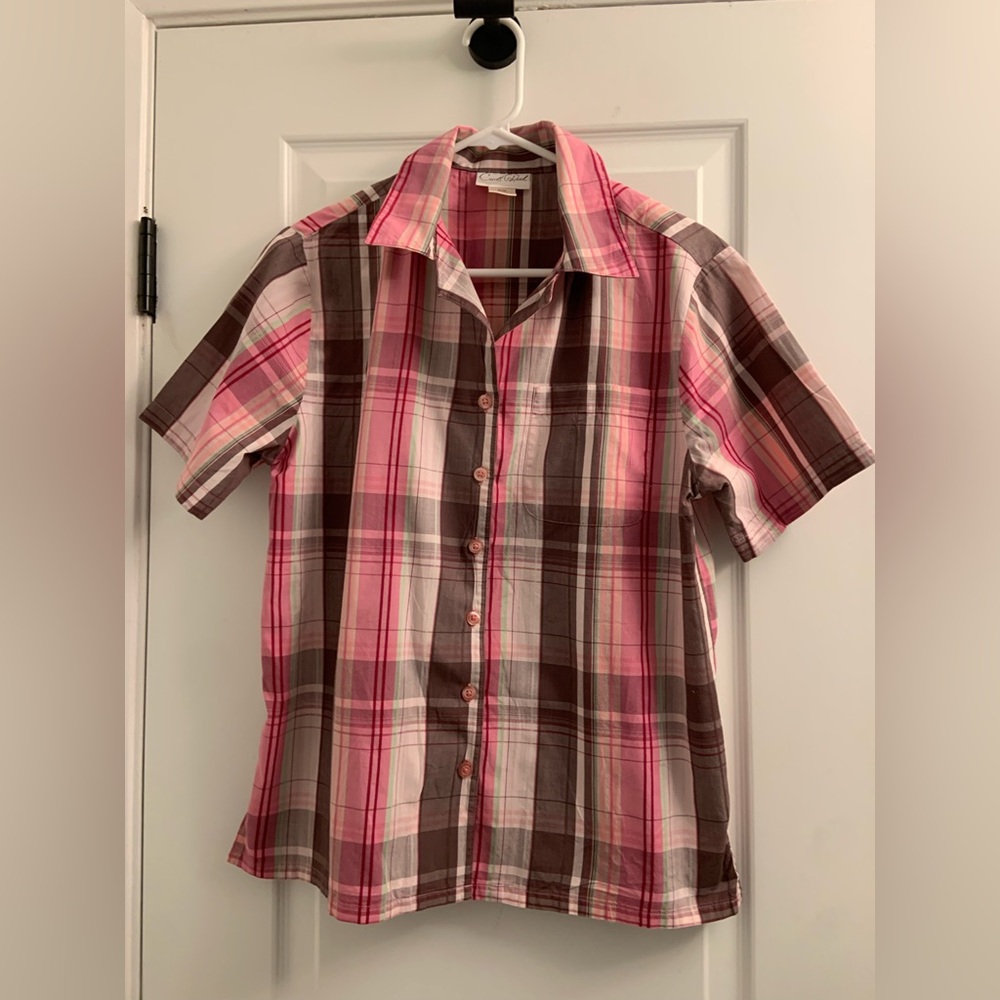 Pink and Brown Casual Button Down Shirt with Plaid Design